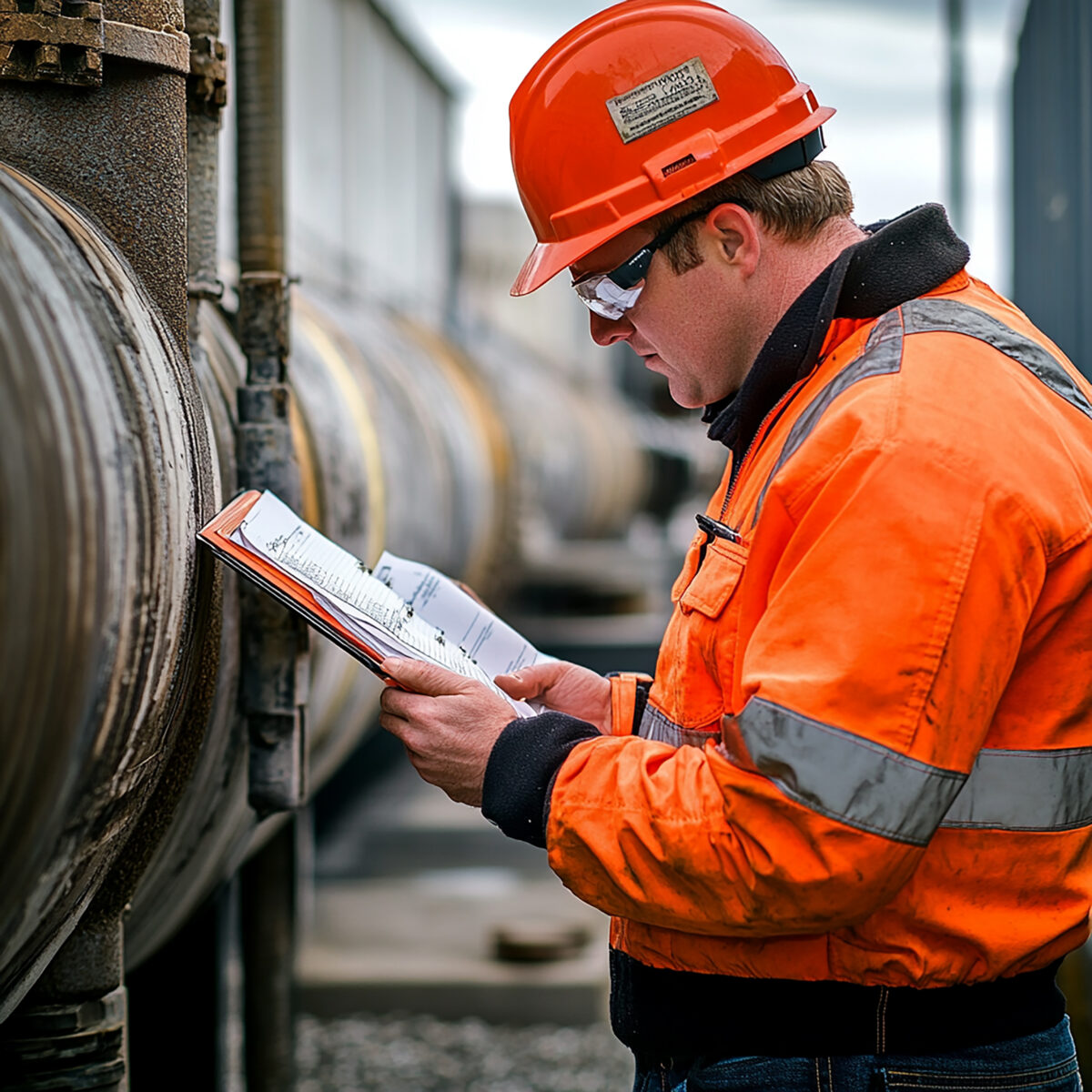 a man in an orange jacket and hard hat reading a paper