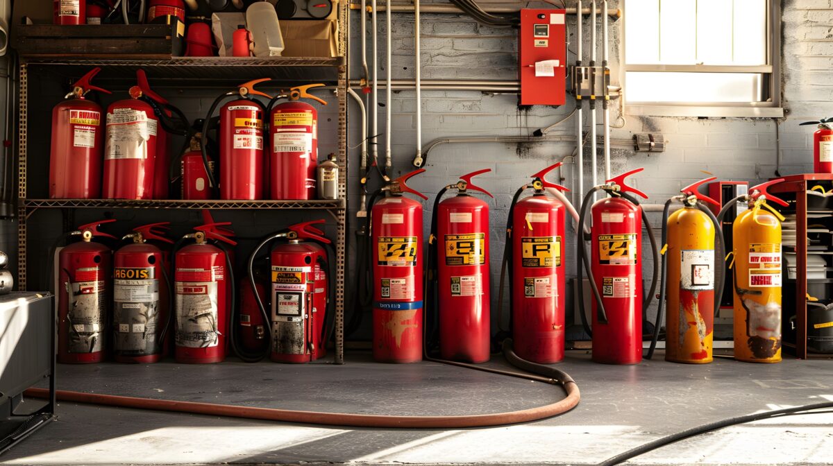 Fire extinguishers lined up on the rack and on the floor