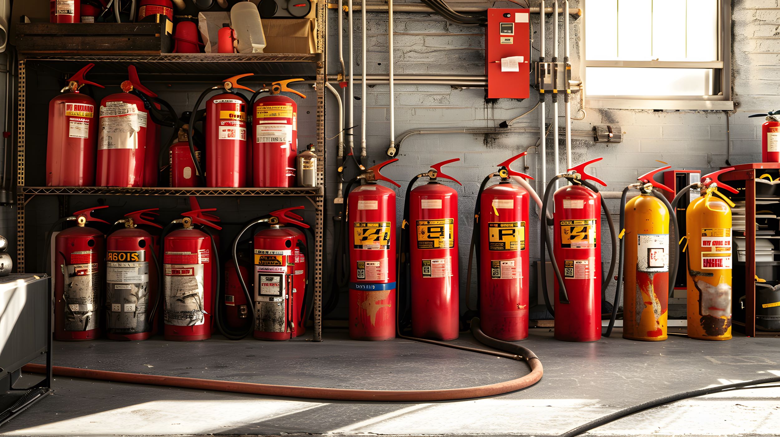 Fire extinguishers lined up on the rack and on the floor