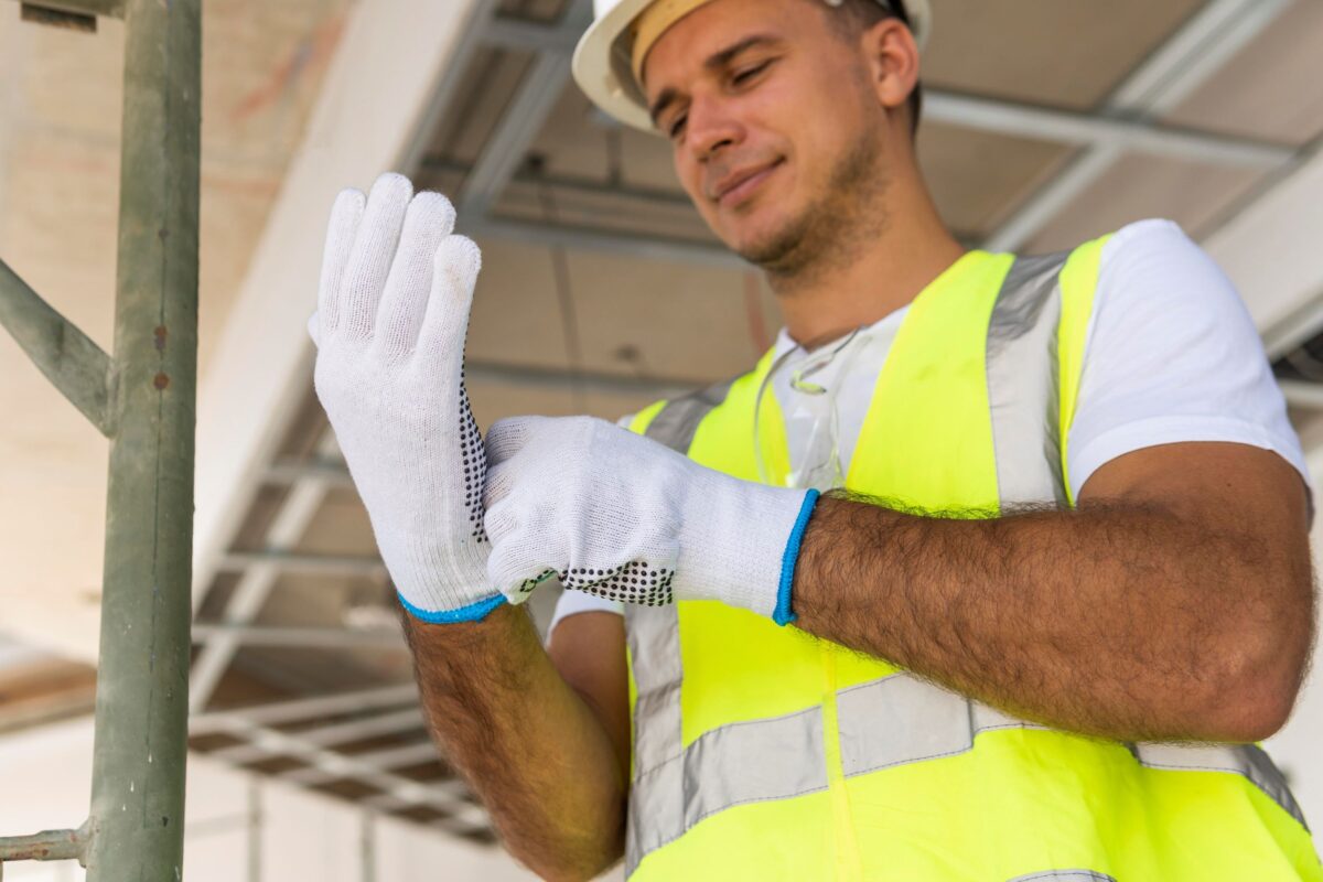 Construction working wearing hand protection while working.