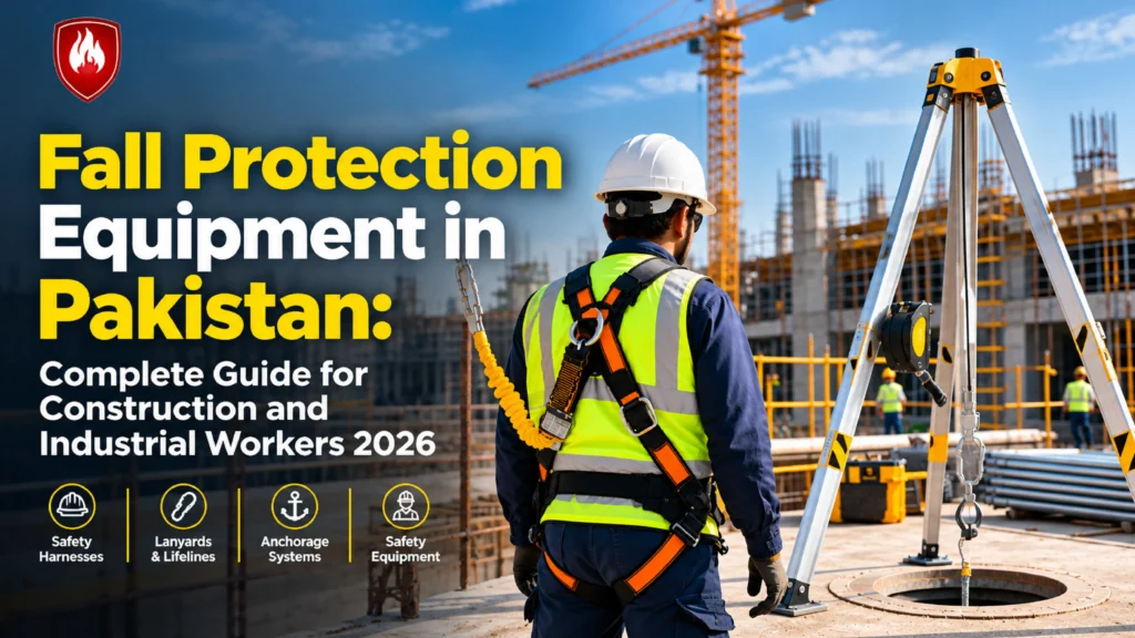 Fall protection equipment in Pakistan featuring a worker with a safety harness, lanyard and confined space tripod.