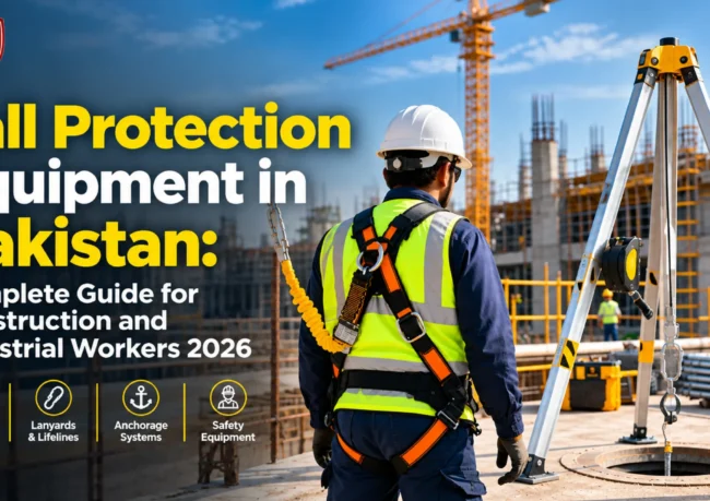 Fall protection equipment in Pakistan featuring a worker with a safety harness, lanyard and confined space tripod.