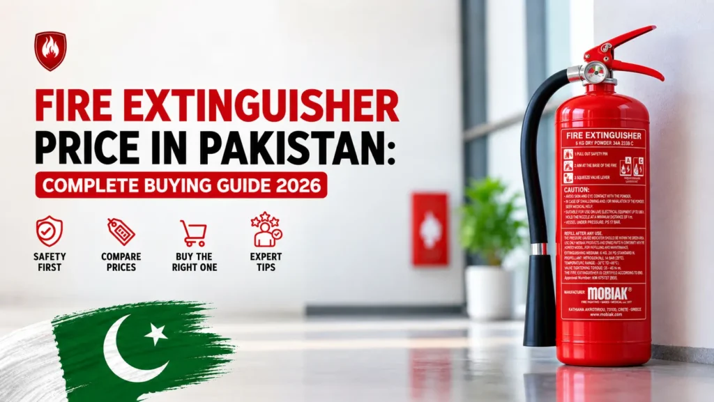 Fire extinguisher price in Pakistan 2026 buying guide with Mobiak cylinder and Pakistani flag