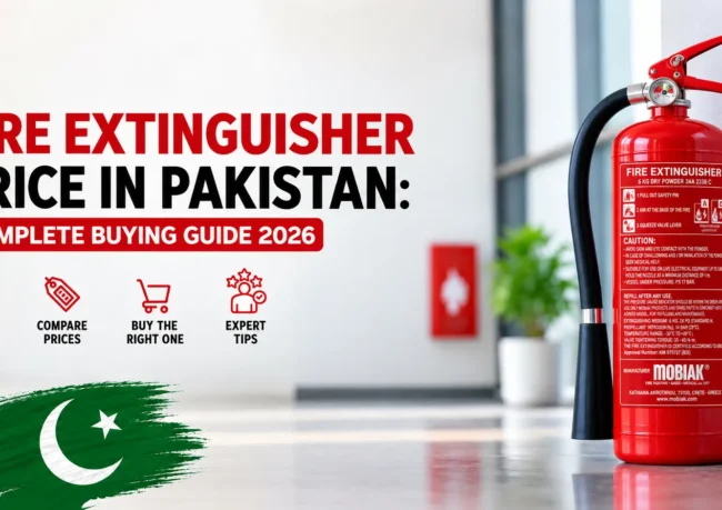 Fire extinguisher price in Pakistan 2026 buying guide with Mobiak cylinder and Pakistani flag