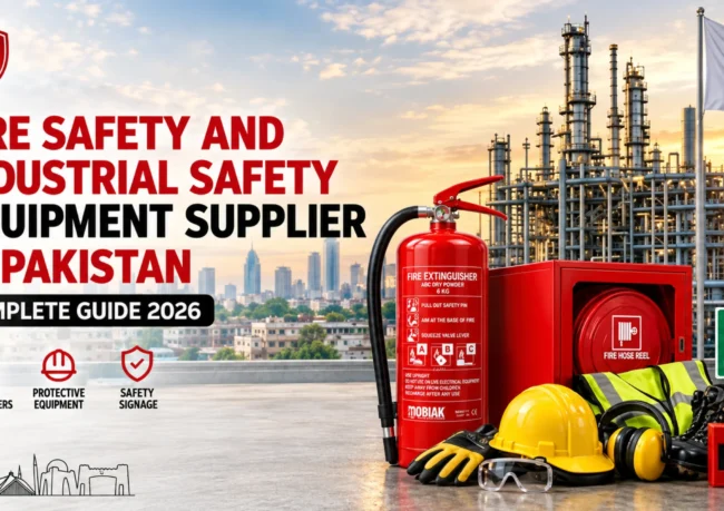 Fire Safety and Industrial Safety Equipment Supplier in Pakistan, MOBIAK extinguisher, PPE gear, safety signage.
