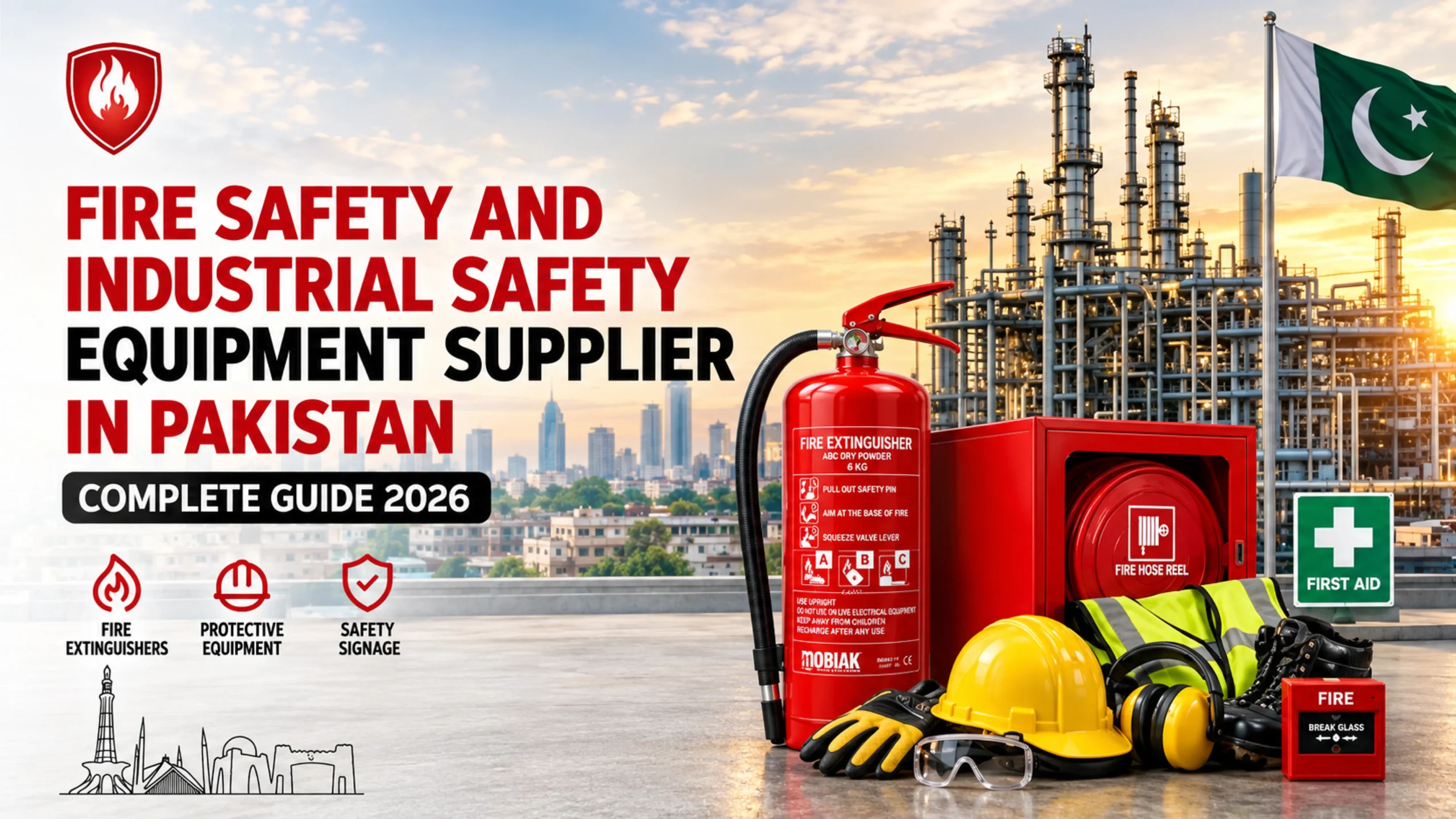 Fire Safety and Industrial Safety Equipment Supplier in Pakistan, MOBIAK extinguisher, PPE gear, safety signage.