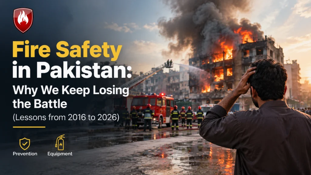 Fire safety in Pakistan: Distressed man watching a building engulfed in flames as firefighters battle the blaze.