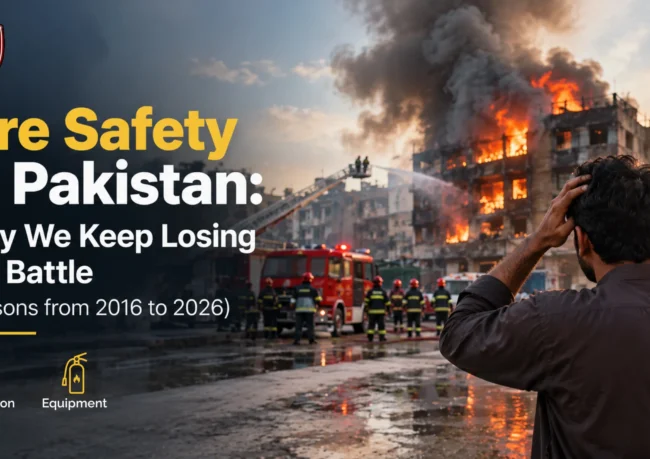 Fire safety in Pakistan: Distressed man watching a building engulfed in flames as firefighters battle the blaze.