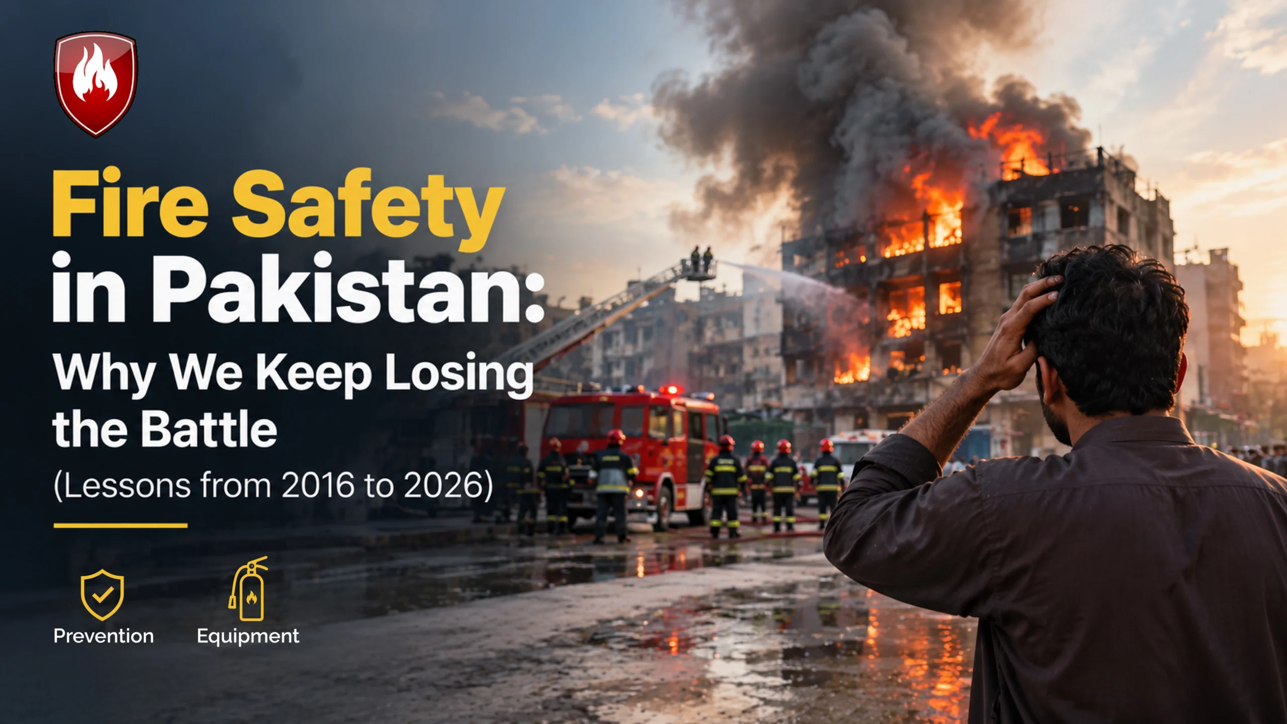 Fire safety in Pakistan: Distressed man watching a building engulfed in flames as firefighters battle the blaze.