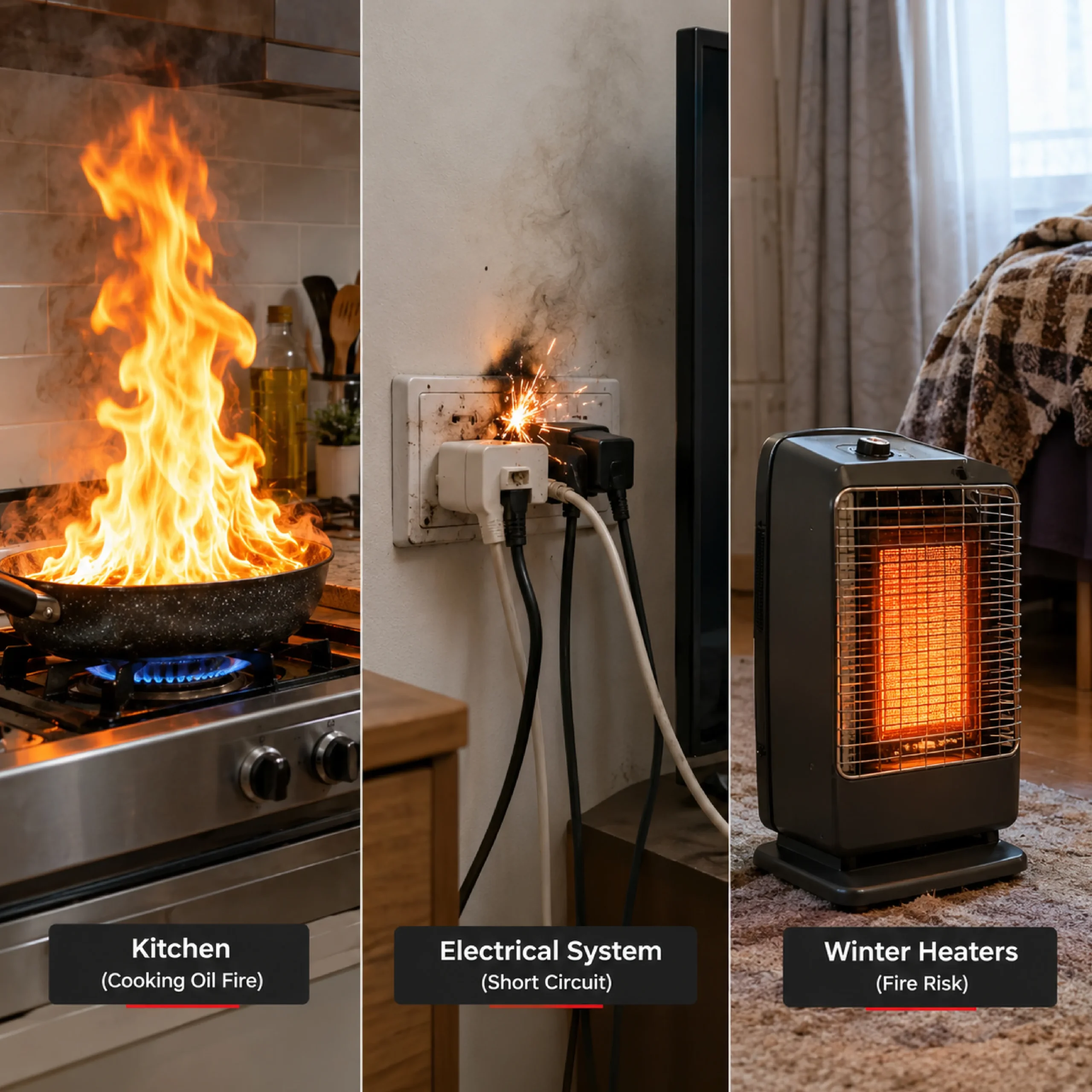 Home Fire Risks Common home fire risks in Pakistan including cooking oil electrical short circuit and heaters.