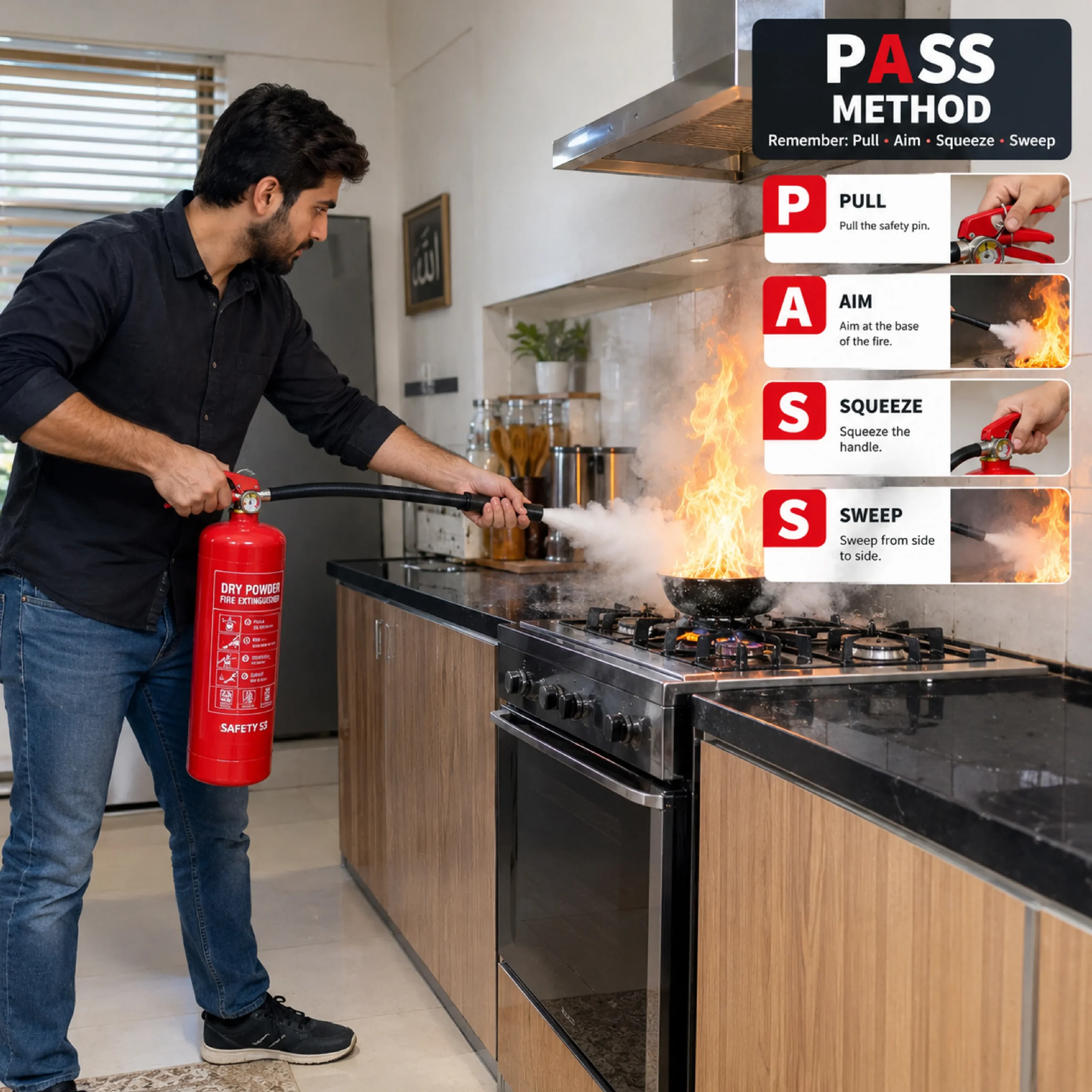 PASS Method Training Using a DCP fire extinguisher with the PASS method for kitchen fire safety in Pakistan.