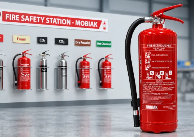 Types of fire extinguishers including water, foam, CO2, dry powder and wet chemical