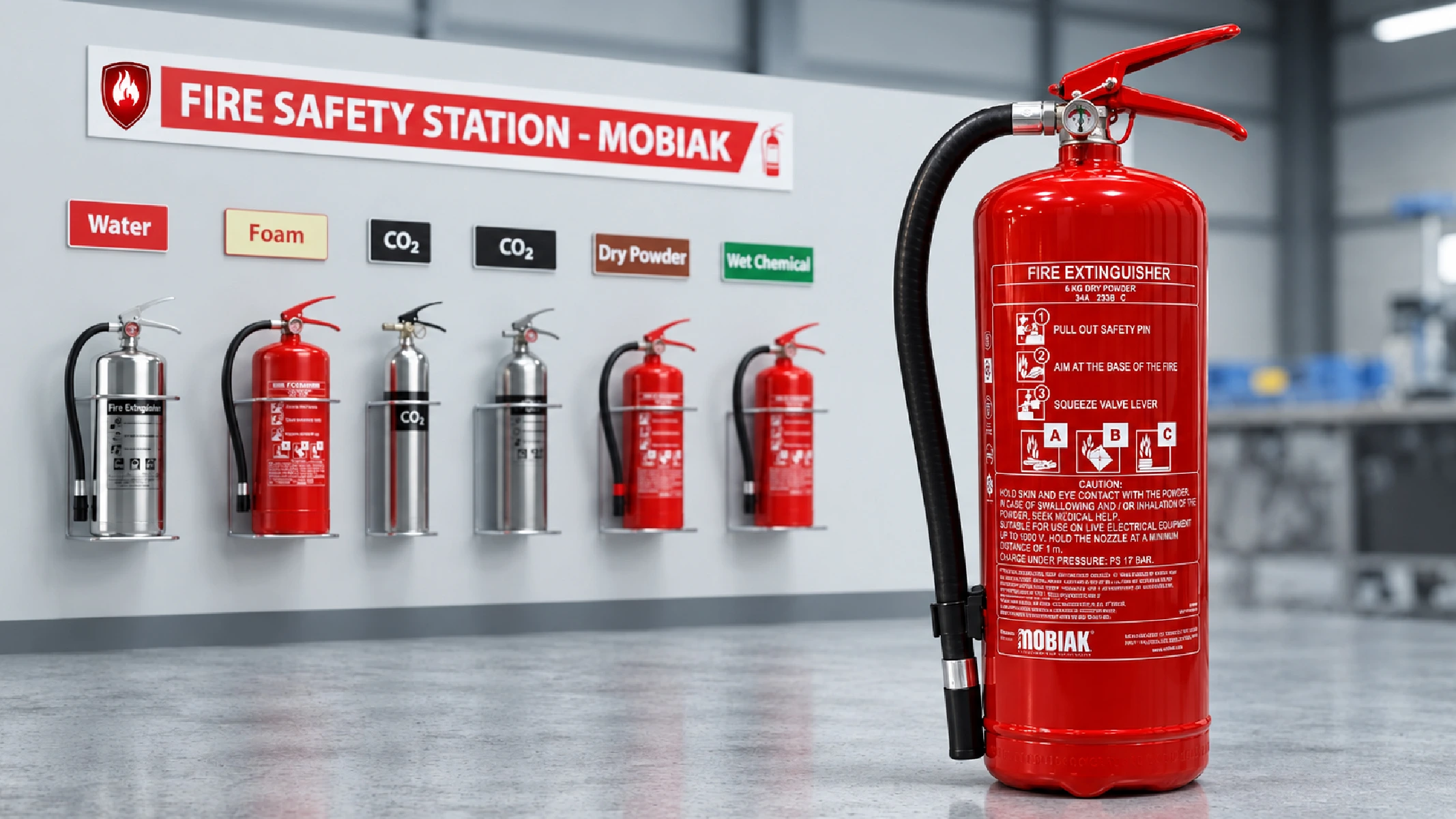 Types of fire extinguishers including water, foam, CO2, dry powder and wet chemical