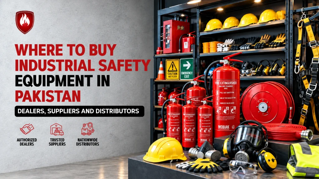 Industrial safety equipment display with hard hats, fire extinguishers, respirators and safety harnesses in Pakistan