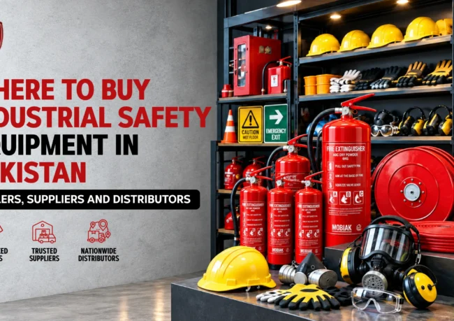 Industrial safety equipment display with hard hats, fire extinguishers, respirators and safety harnesses in Pakistan