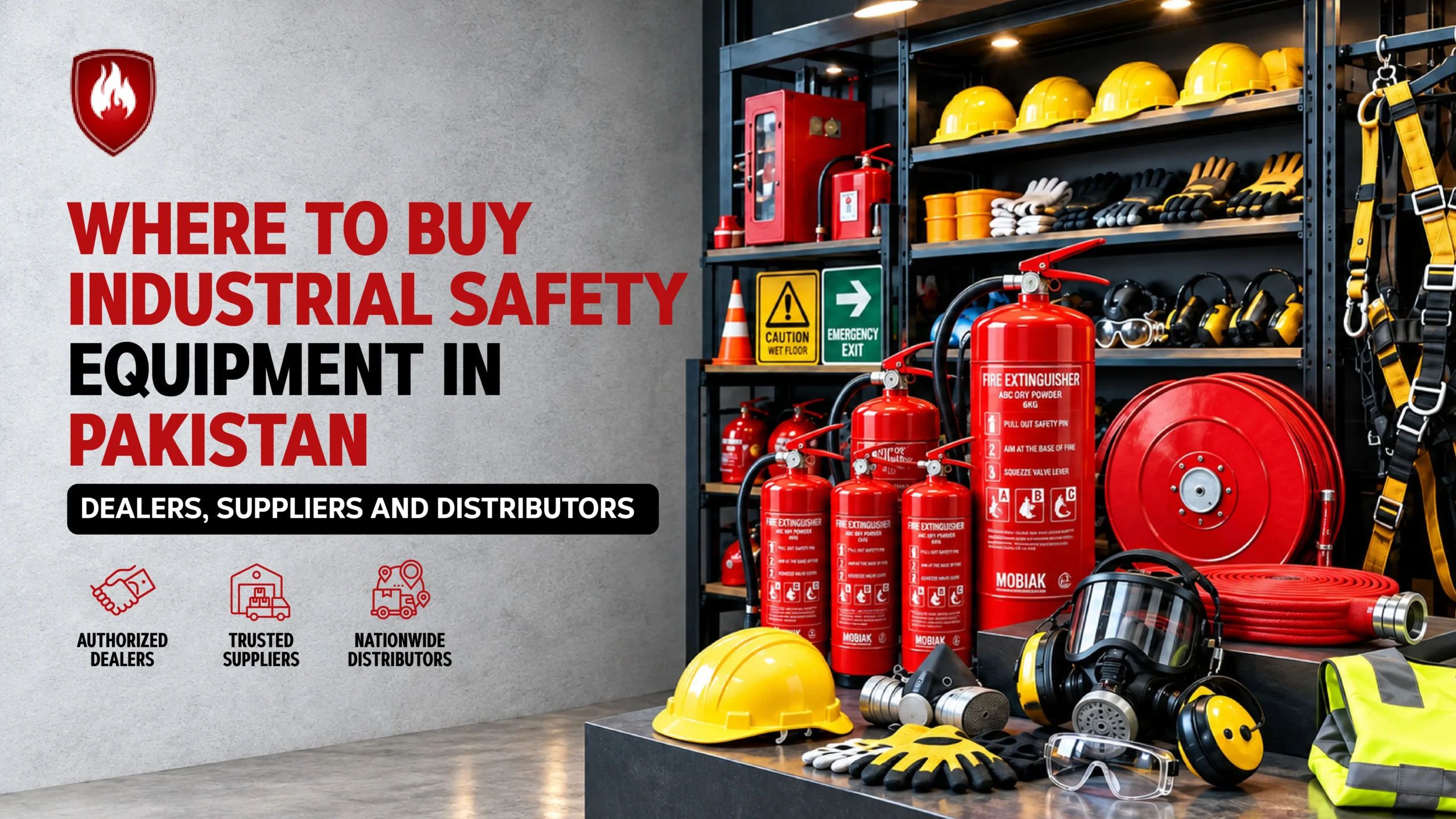 Industrial safety equipment display with hard hats, fire extinguishers, respirators and safety harnesses in Pakistan