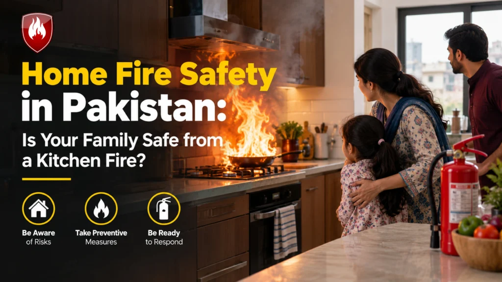 Home fire safety in Pakistan featuring a kitchen fire and a ready to use fire extinguisher.