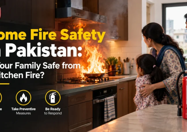 Home fire safety in Pakistan featuring a kitchen fire and a ready to use fire extinguisher.