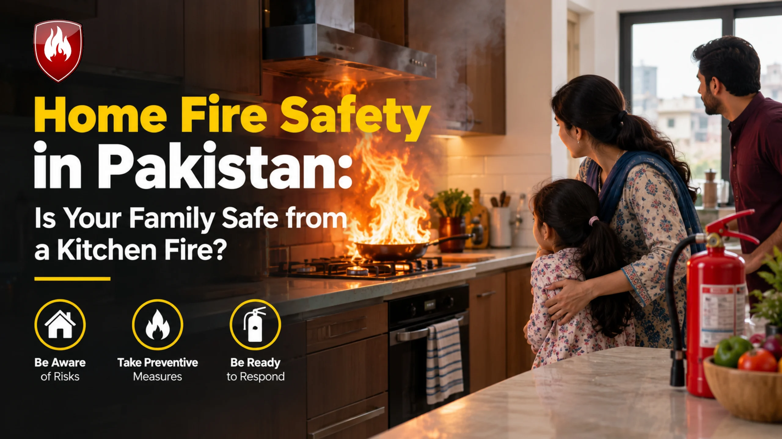 Home fire safety in Pakistan featuring a kitchen fire and a ready to use fire extinguisher.