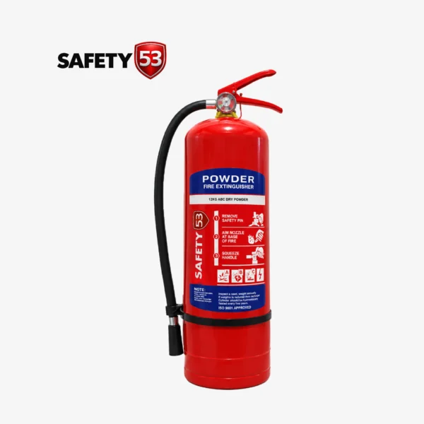Safety 53 12kg DCP fire extinguisher upright perspective with clear instruction label.