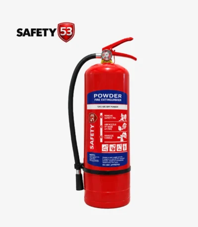 Safety 53 12kg DCP fire extinguisher upright perspective with clear instruction label.