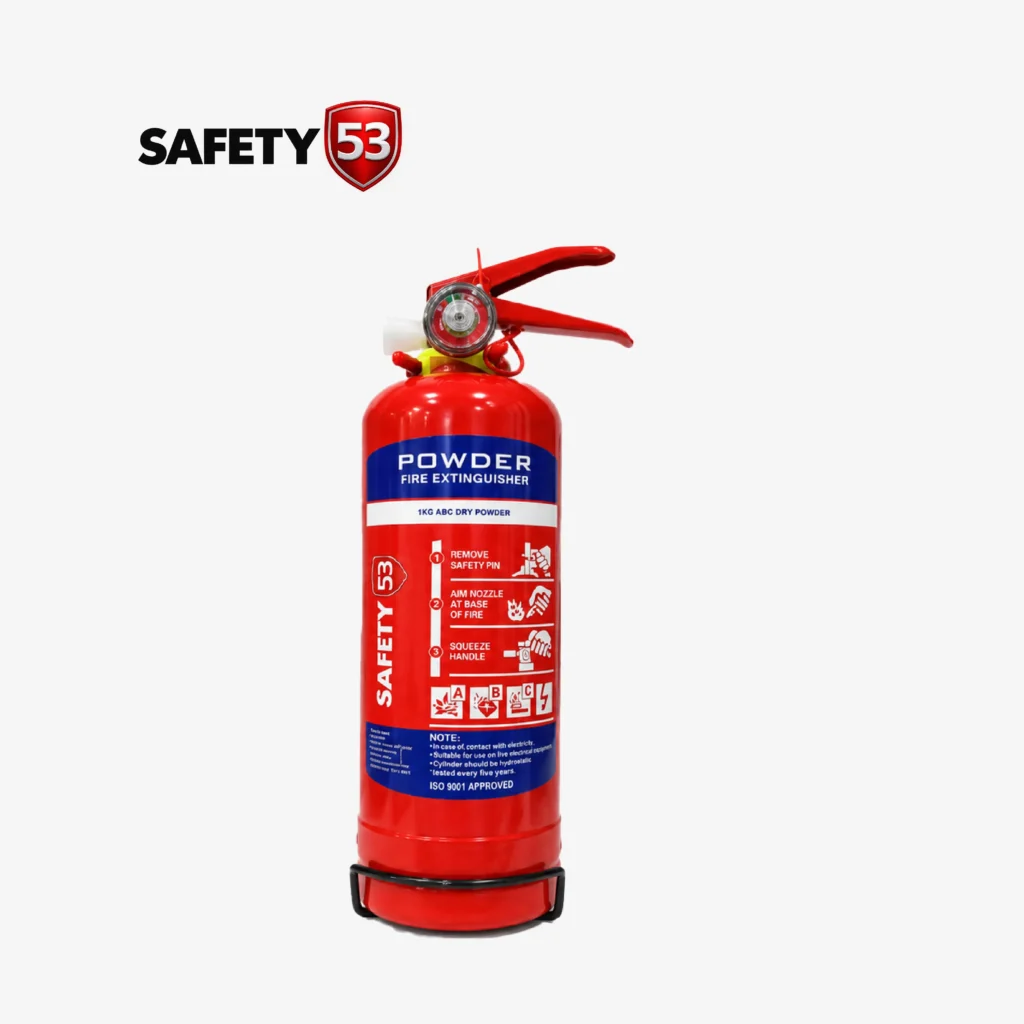Safety 53 1kg DCP fire extinguisher with clear ABC dry powder label in Pakistan.