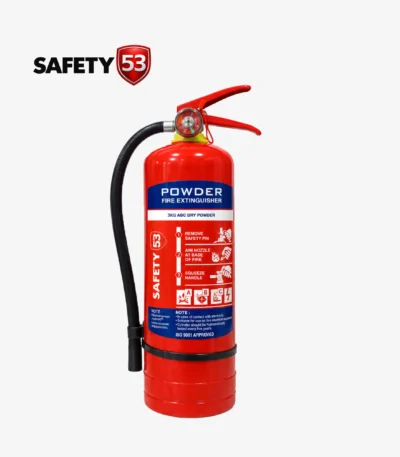 Safety 53 3kg DCP fire extinguisher with heavy duty wall bracket in Pakistan.
