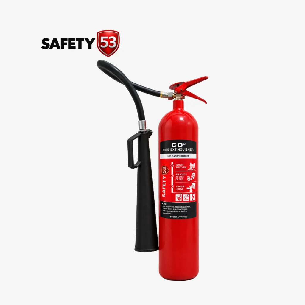 Safety 53 5kg CO2 fire extinguisher with flexible hose and frost free horn.
