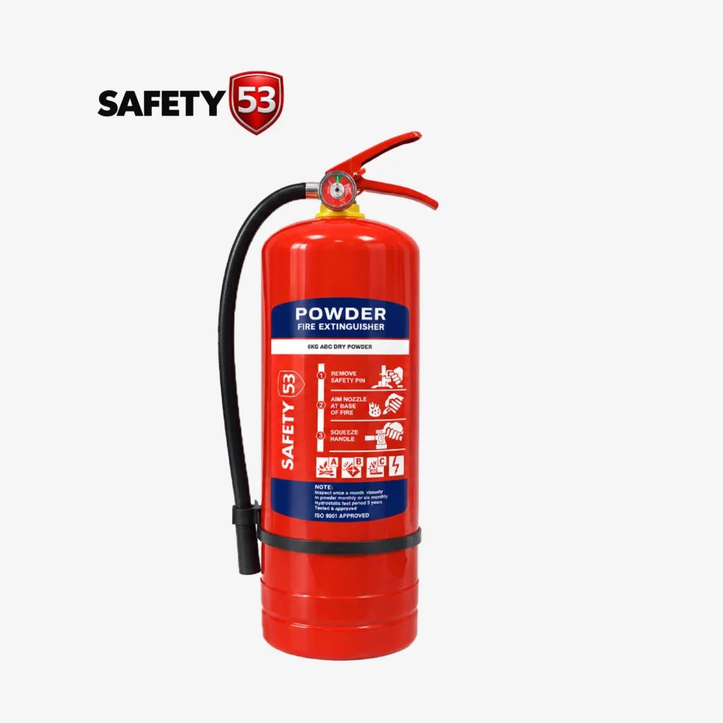 Safety 53 6kg DCP fire extinguisher upright perspective with clear labels in Pakistan.