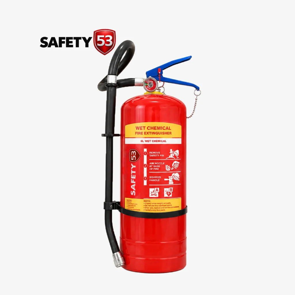 Safety 53 6L wet chemical fire extinguisher upright label view with clear instructions.