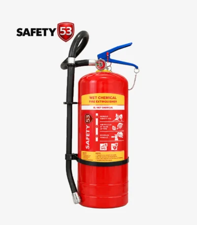 Safety 53 6L wet chemical fire extinguisher upright label view with clear instructions.