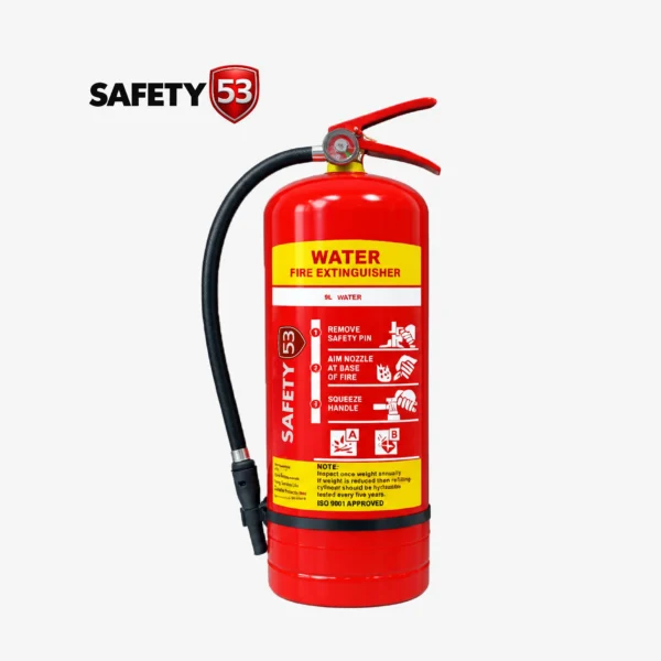 Safety 53 9L water fire extinguisher upright perspective with clear instructions.