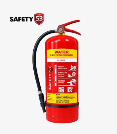 Safety 53 9L water fire extinguisher upright perspective with clear instructions.