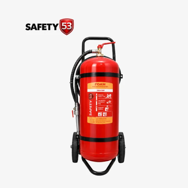 Safety 53 AFFF 50KG foam trolley fire extinguisher with heavy duty frame in Pakistan.