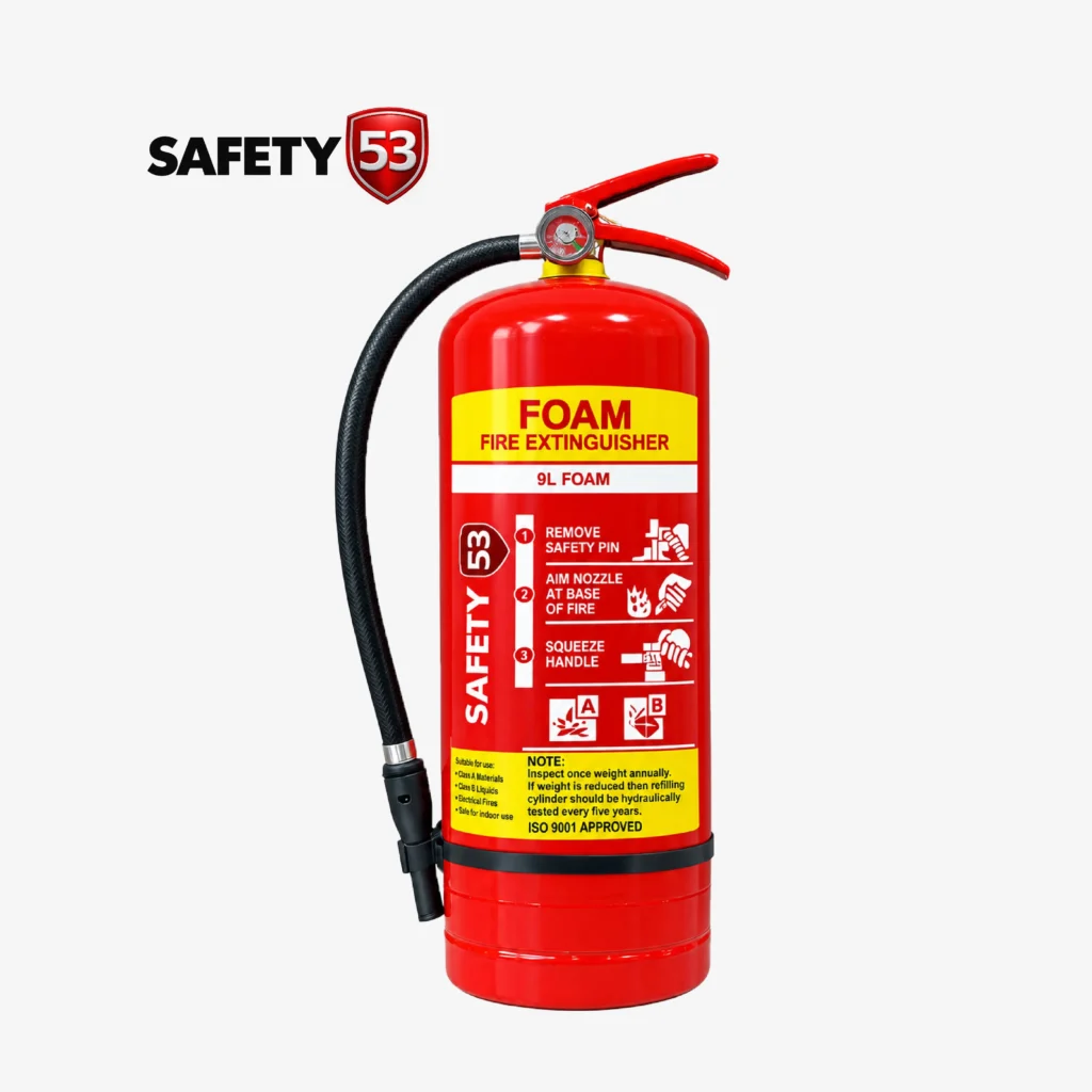 Safety 53 AFFF-9L foam fire extinguisher upright perspective with clear instructions.