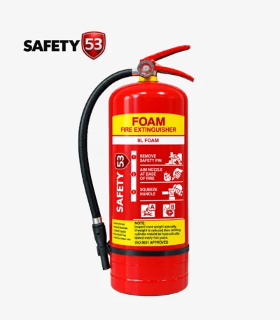Safety 53 AFFF-9L foam fire extinguisher upright perspective with clear instructions.