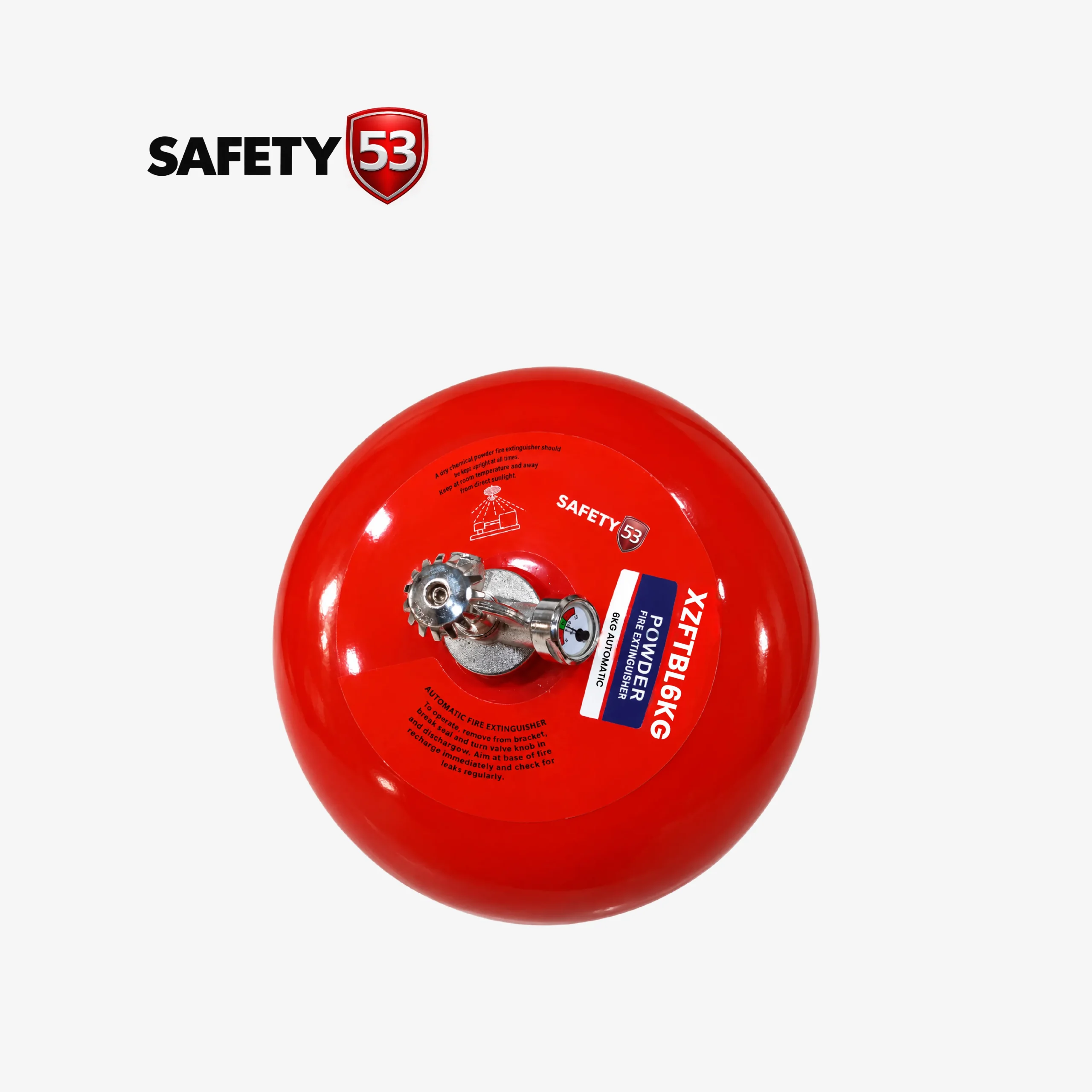 safety 53 automatic fire extinguisher top gauge nozzle Safety 53 automatic fire extinguisher top assembly with pressure gauge and discharge nozzle.