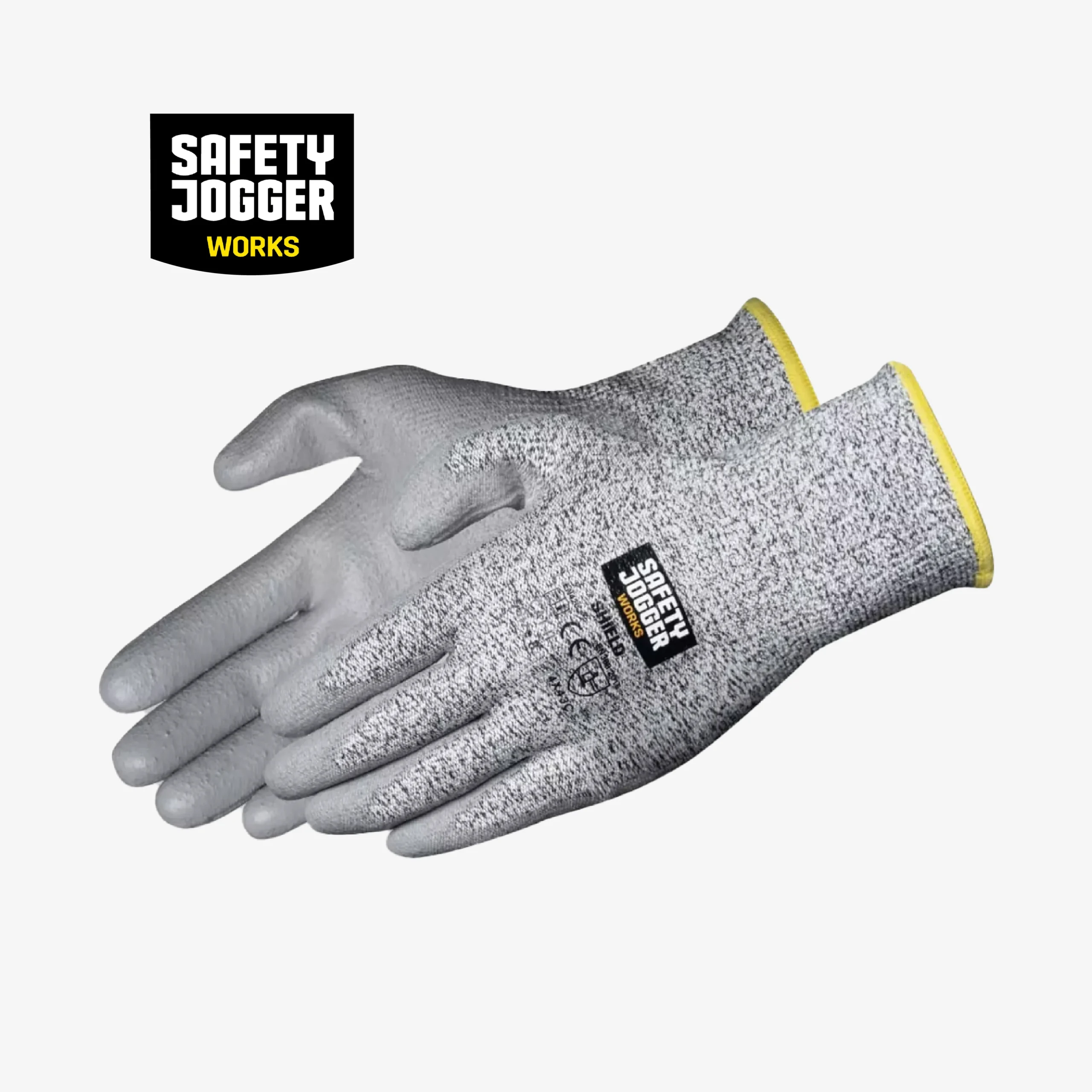 safety jogger shield 4x43c cut resistant gloves branded Safety Jogger Shield 4X43C cut resistant gloves with Safety Jogger branding and EN 388 label.